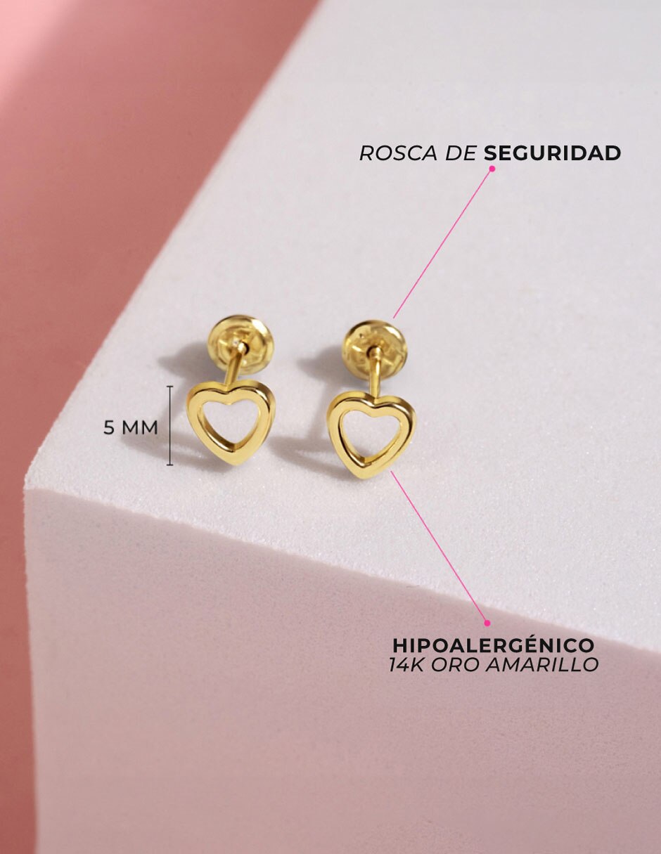 Broqueles de corazón de oro amarillo 14 k con acabado pulido 5