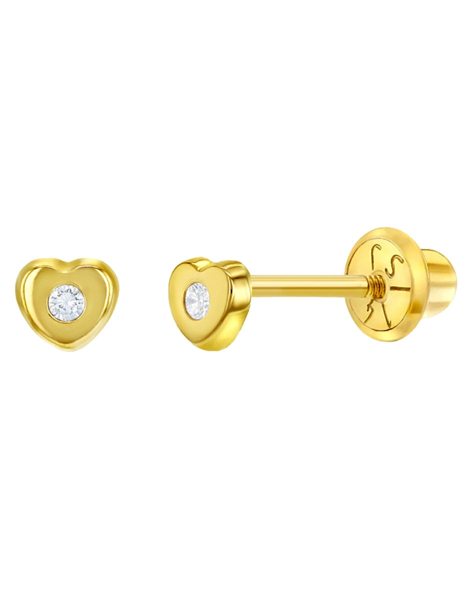 Broqueles de corazón de oro amarillo 14 k acabado pulido zirconia