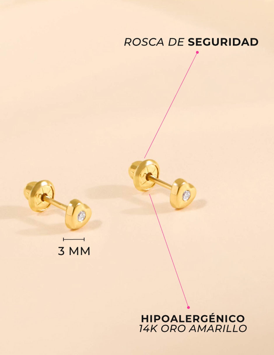 Broqueles de corazón de oro amarillo 14 k acabado pulido zirconia 5