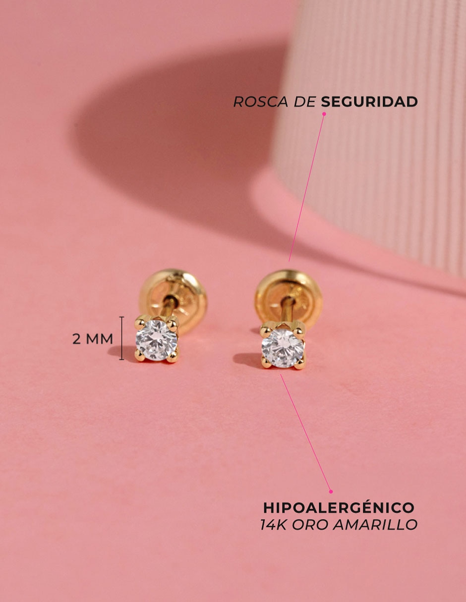Broqueles redondos de oro amarillo 14 k con acabado pulido zirconia 6