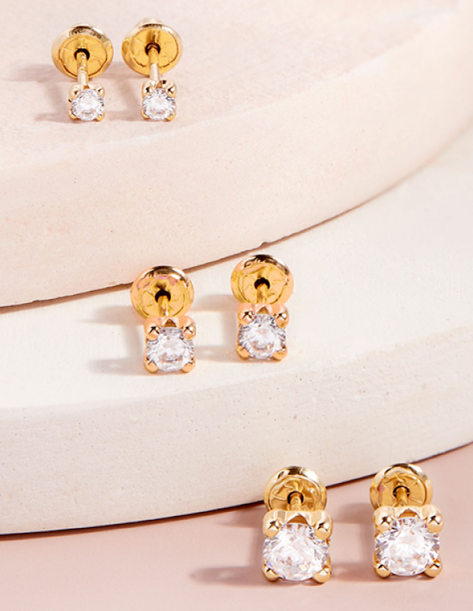 Broqueles redondos de oro amarillo 14 k con acabado pulido zirconia 3