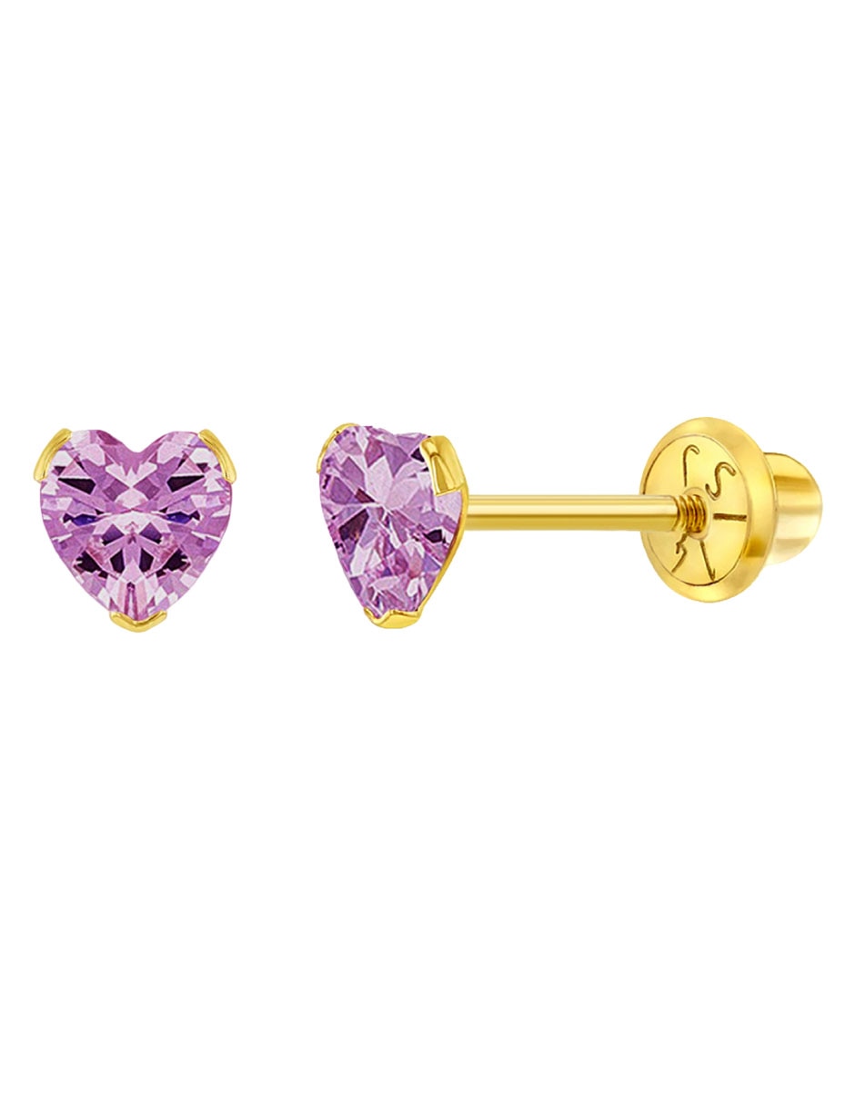 Broqueles de corazón de oro amarillo 14 k con acabado pulido zirconia