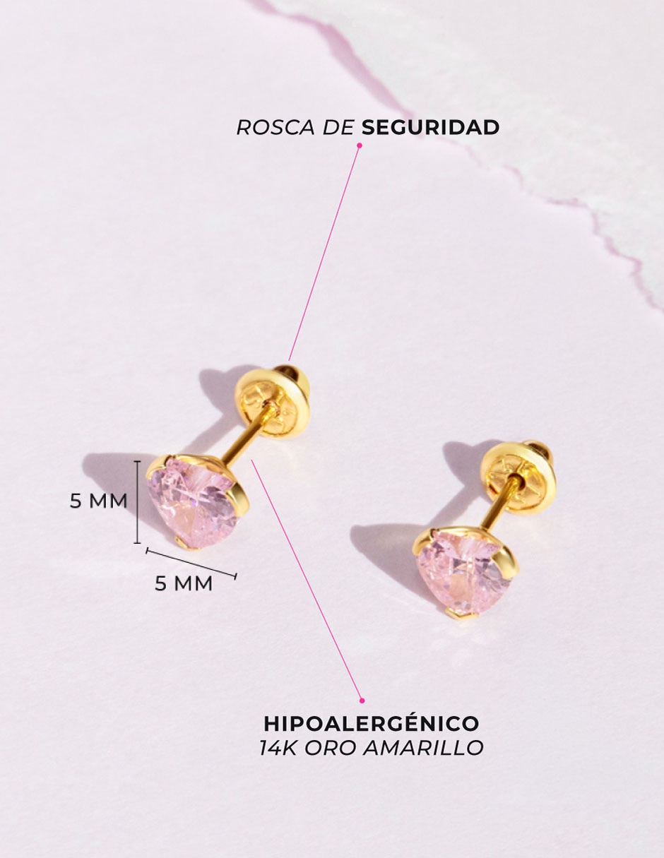 Broqueles de corazón de oro amarillo 14 k con acabado pulido zirconia 5