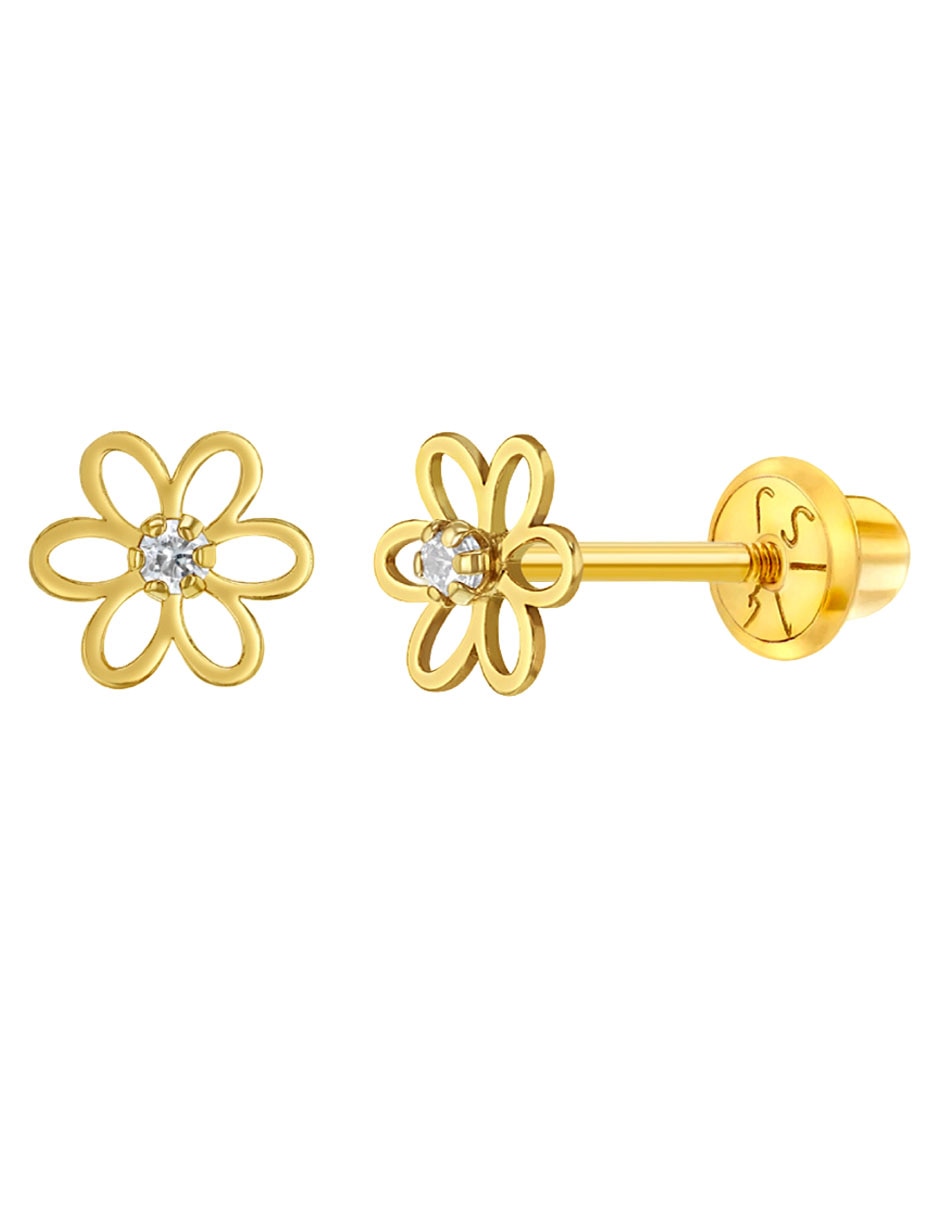 Broqueles de flor de oro amarillo 14 k acabado pulido circonita Broqueles de flor de oro amarillo 14 k acabado pulido circonita