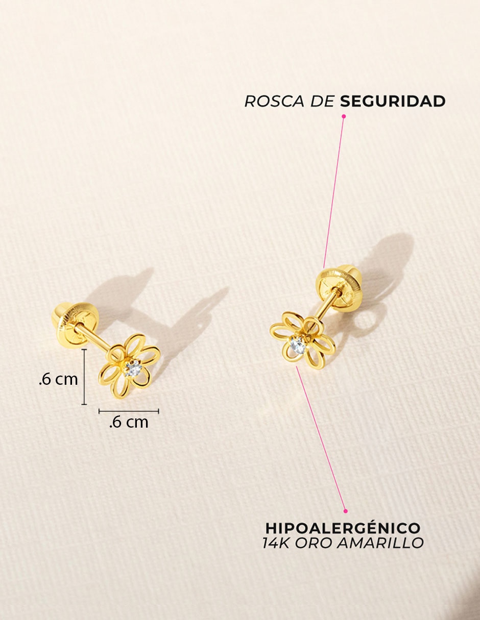 Broqueles de flor de oro amarillo 14 k acabado pulido circonita 5