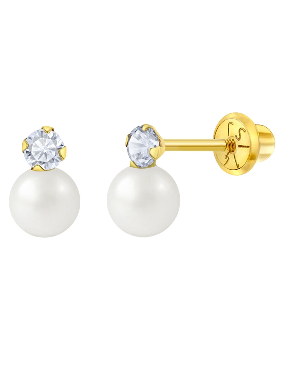 Broqueles de oro amarillo 14 k con acabado pulido perla con zirconia Broqueles de oro amarillo 14 k con acabado pulido perla con zirconia