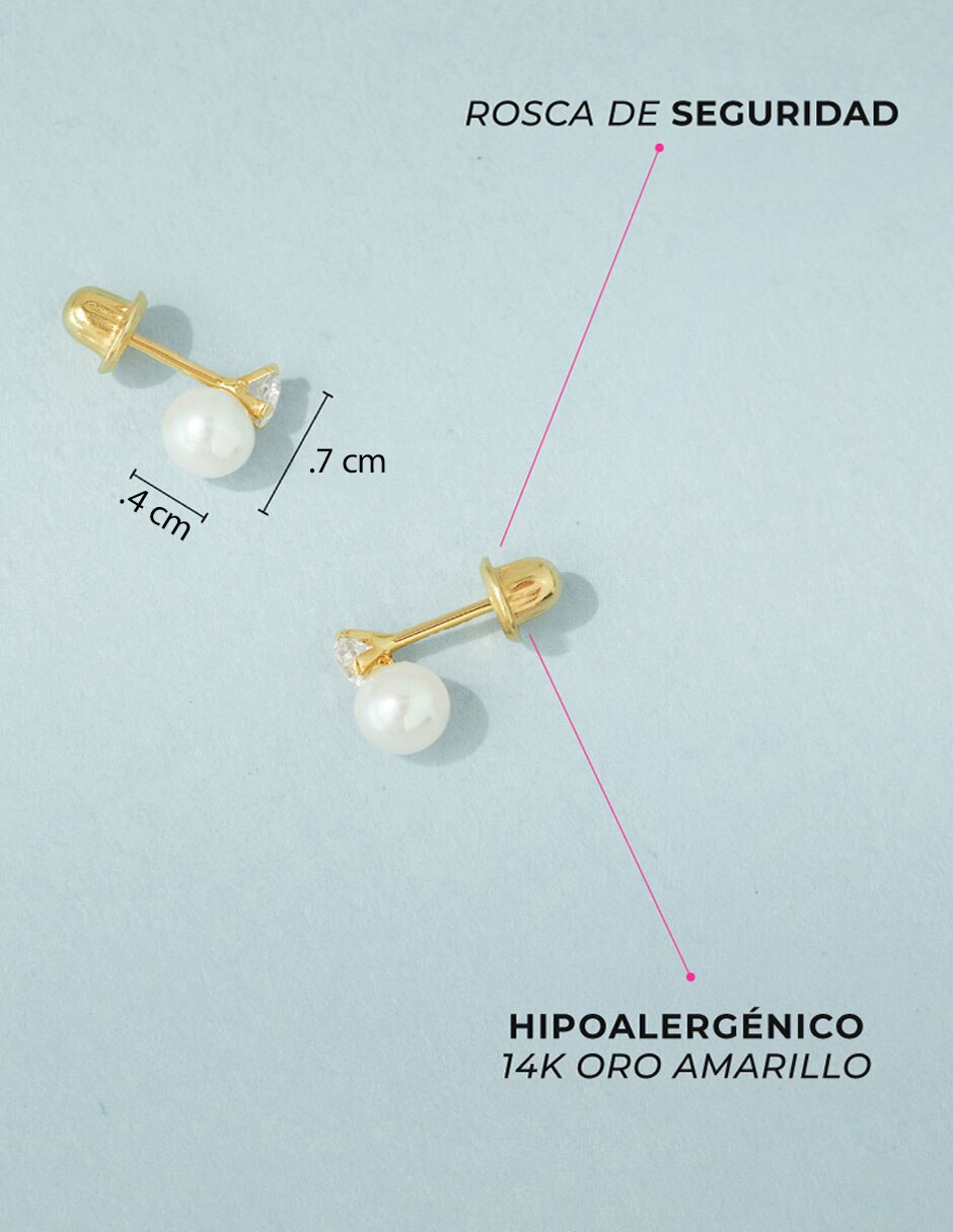 Broqueles de oro amarillo 14 k con acabado pulido perla con zirconia 5