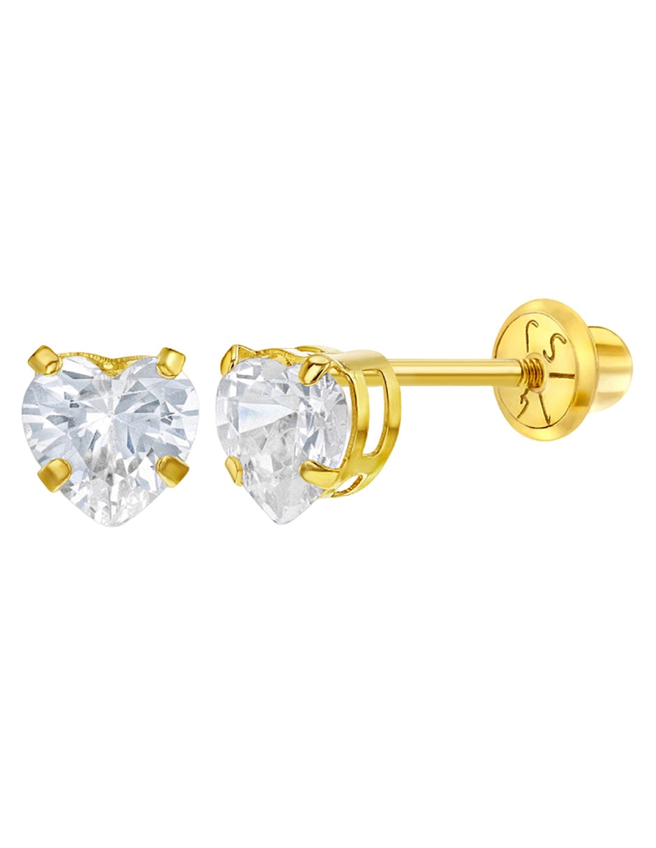 Broqueles de corazón de oro amarillo 14 k con acabado pulido zirconia