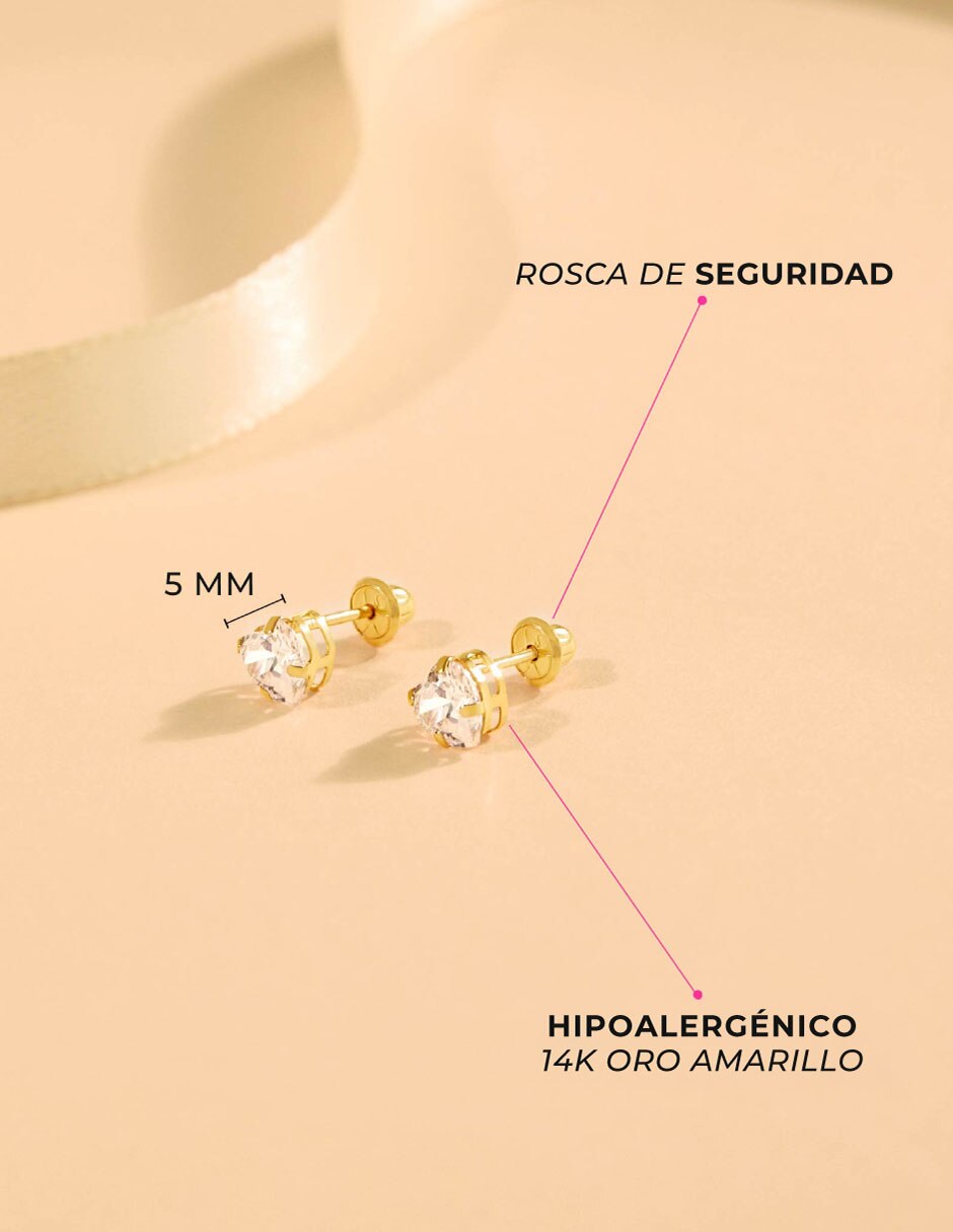 Broqueles de corazón de oro amarillo 14 k con acabado pulido zirconia 5