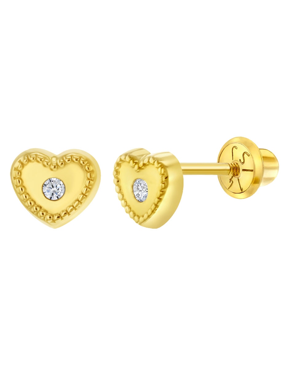 Broqueles de corazón de oro amarillo 14 k con acabado pulido circonita