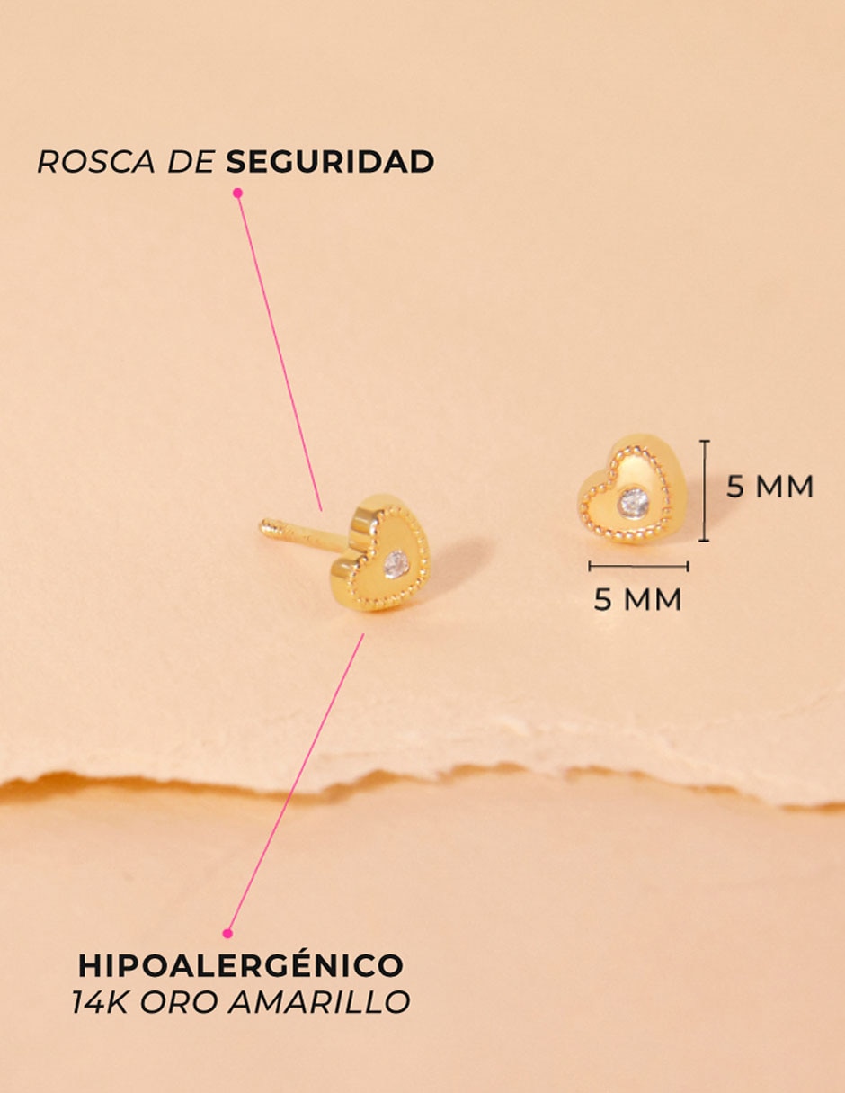Broqueles de corazón de oro amarillo 14 k con acabado pulido circonita 5