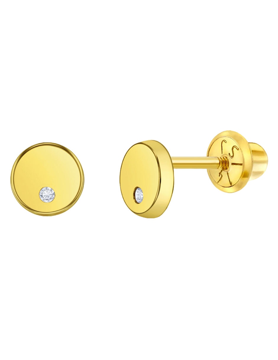 Broqueles redondos de oro amarillo 14 k con acabado pulido zirconia