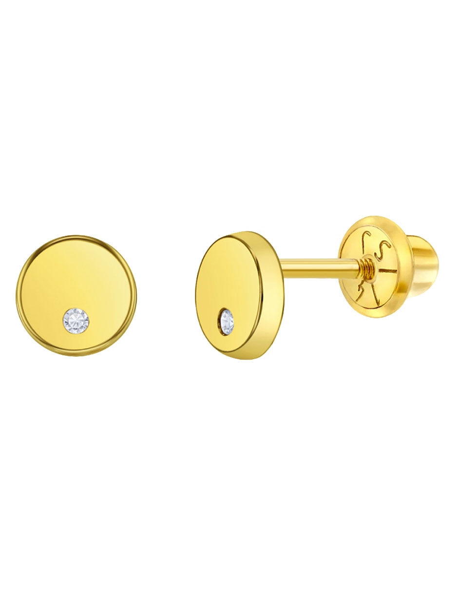 Broqueles redondos de oro amarillo 14 k con acabado pulido zirconia 2