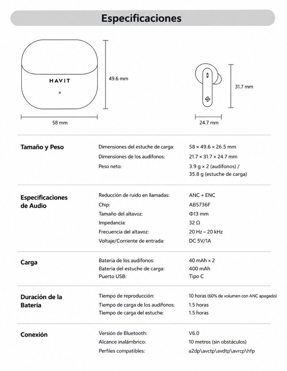 audifonos bluetooth havit tw982 pro inalambricos anc inalámbrica con sí 3