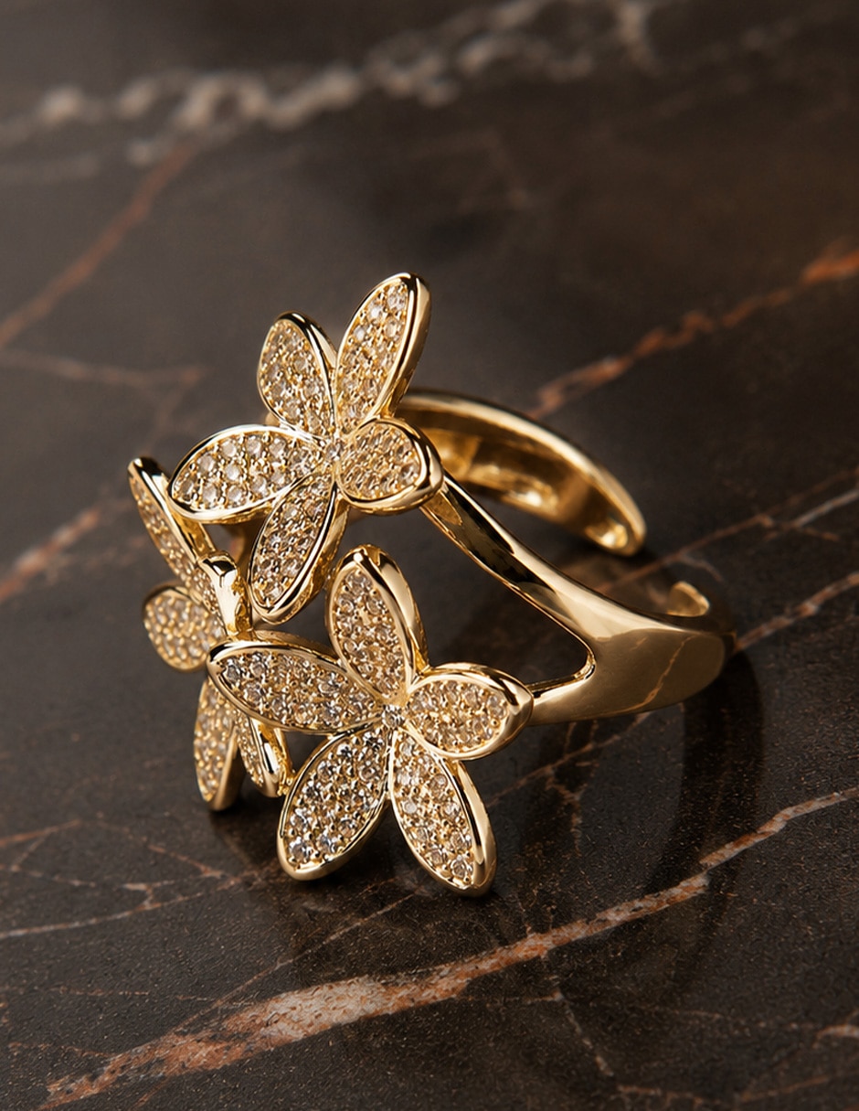 Anillo de flor zirconia baño de oro 5