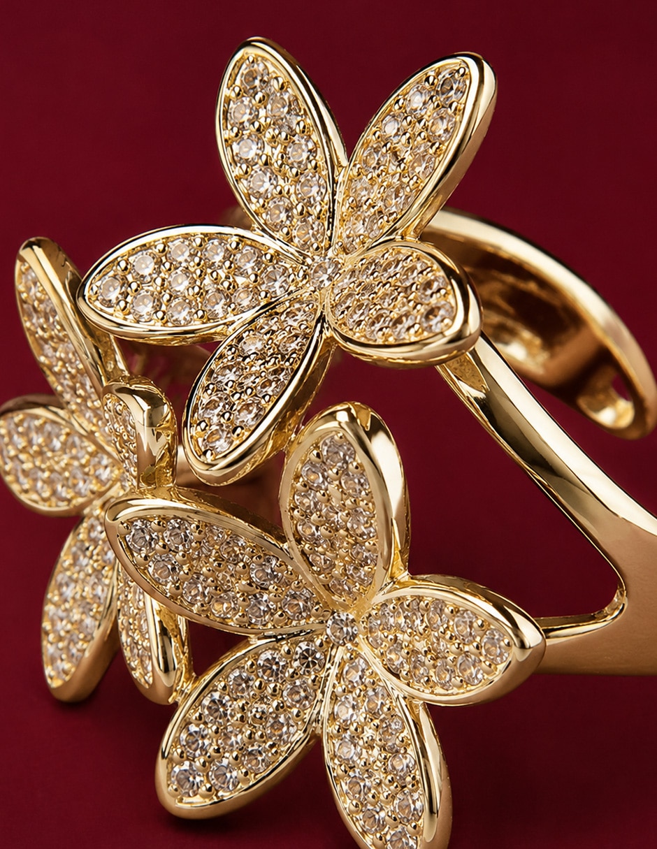 Anillo de flor zirconia baño de oro 6