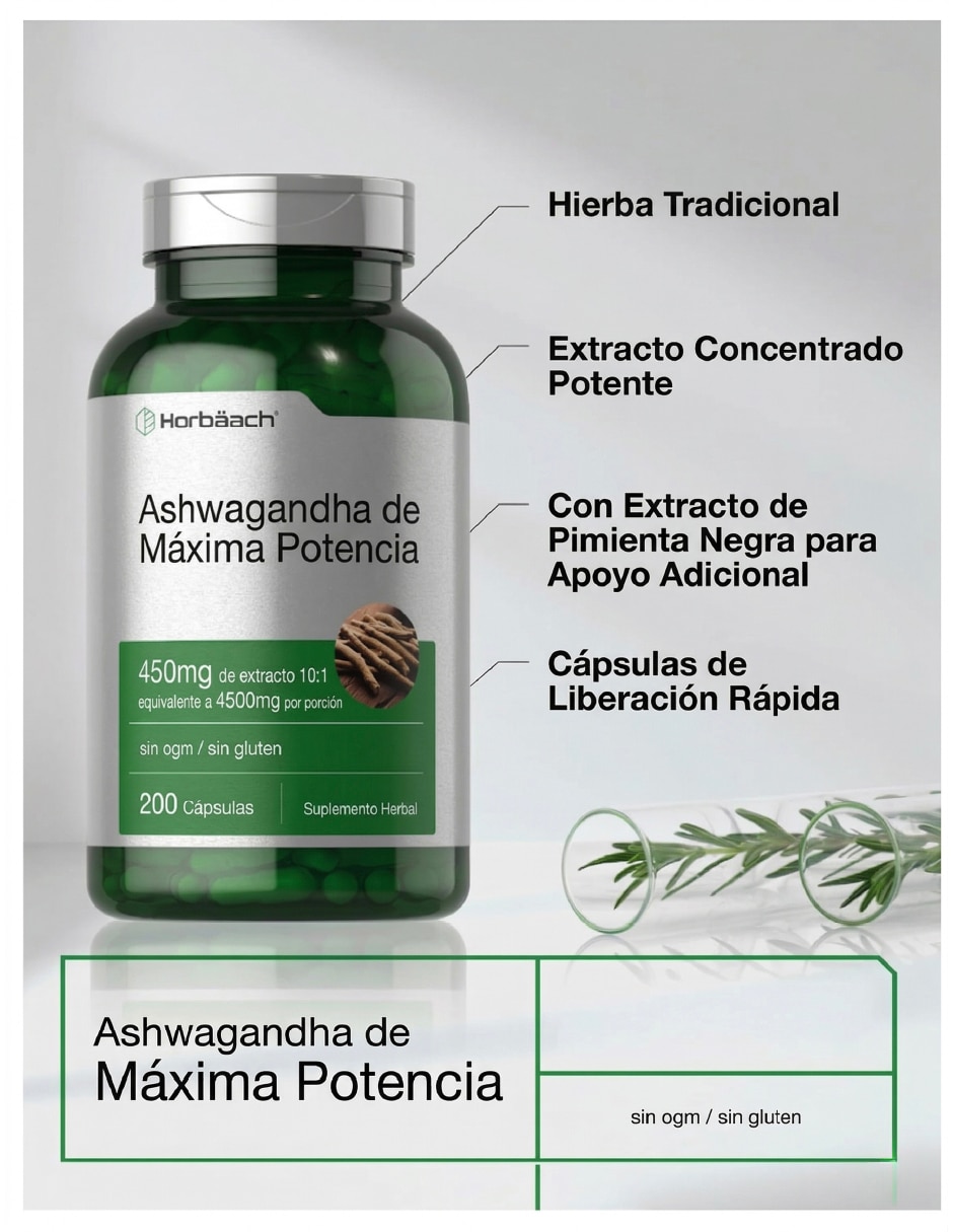 Hobaach Ashwagandha 450 mg 200 Cápsulas Control Estrés 3