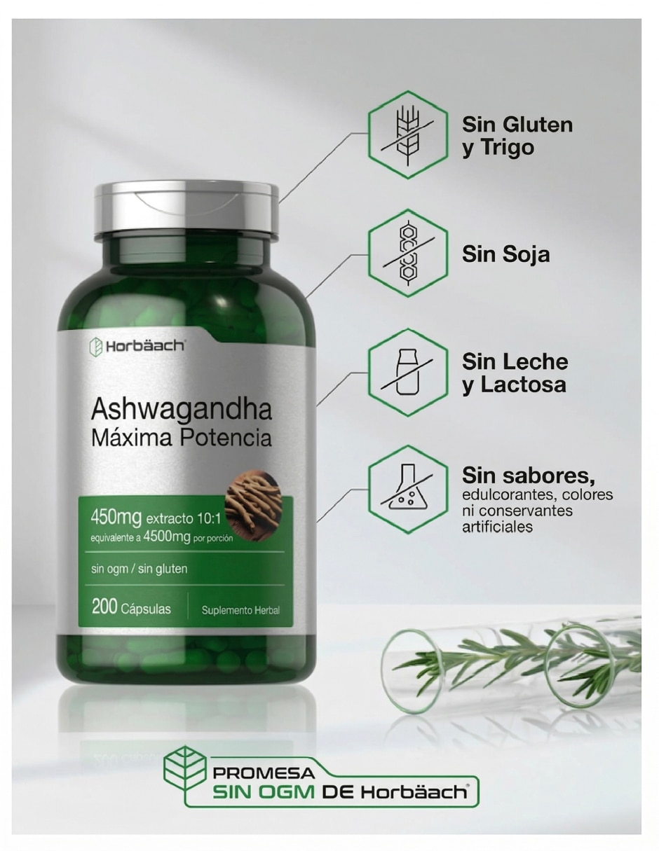 Hobaach Ashwagandha 450 mg 200 Cápsulas Control Estrés 5