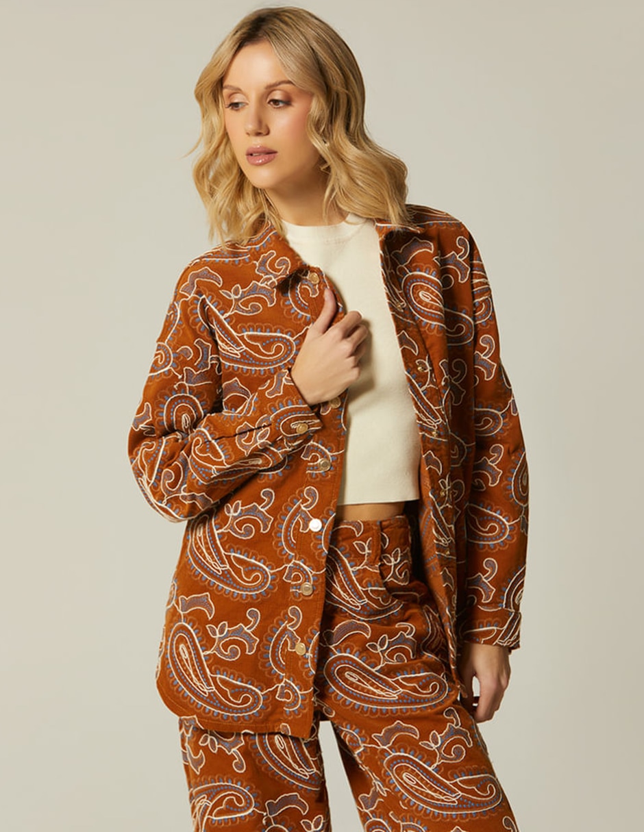 Blusa camisera studio f corduroy paisley bordado manga larga para mujer