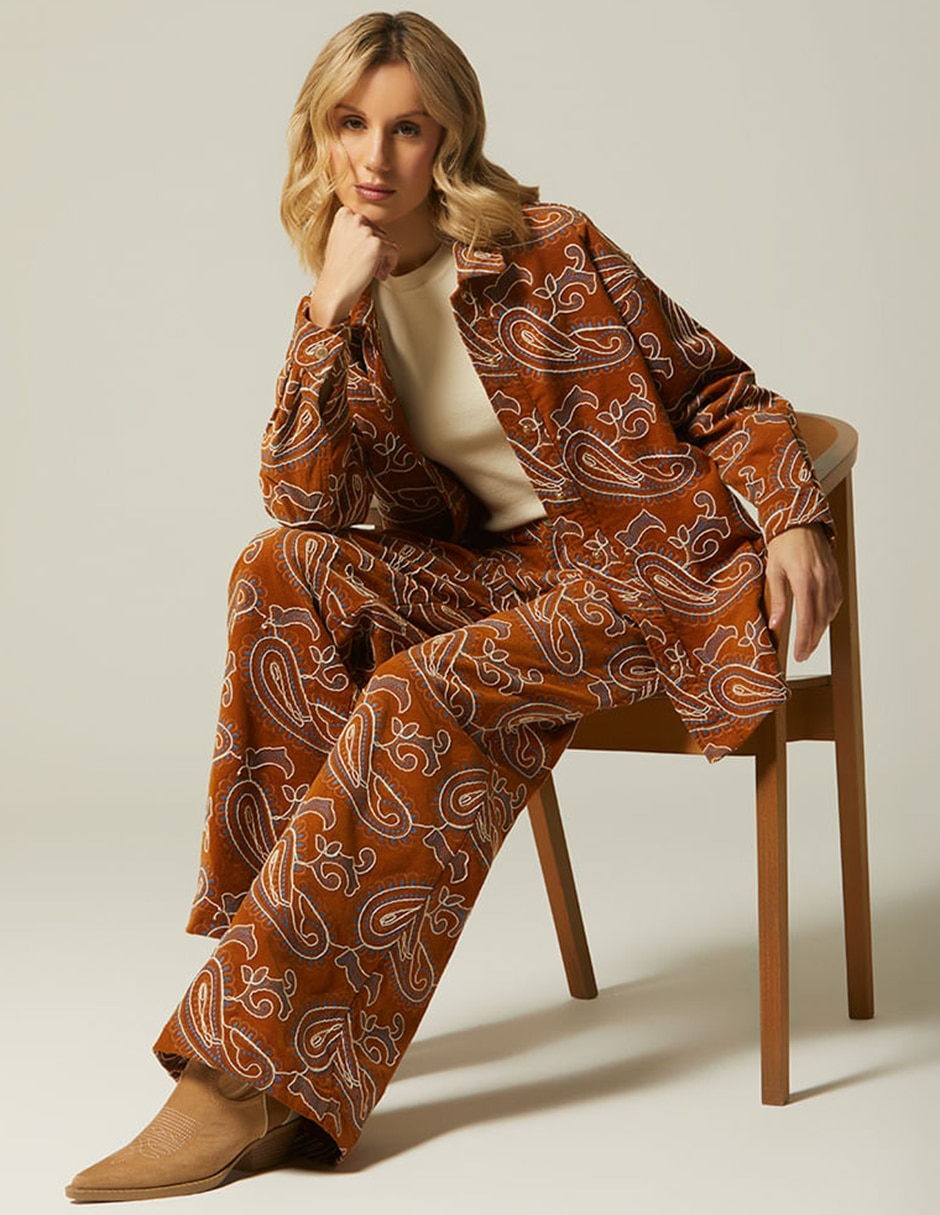 Blusa camisera studio f corduroy paisley bordado manga larga para mujer