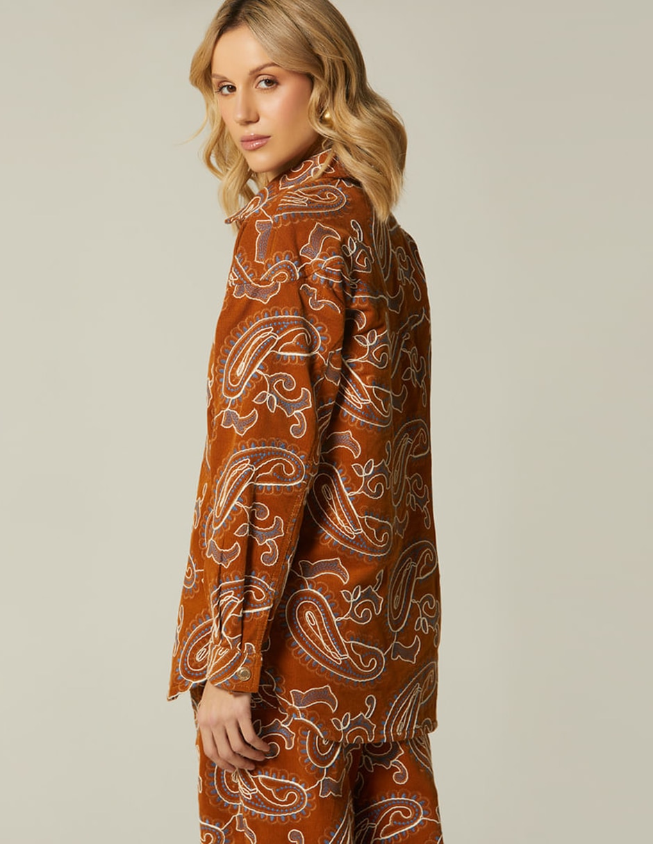 Blusa camisera studio f corduroy paisley bordado manga larga para mujer