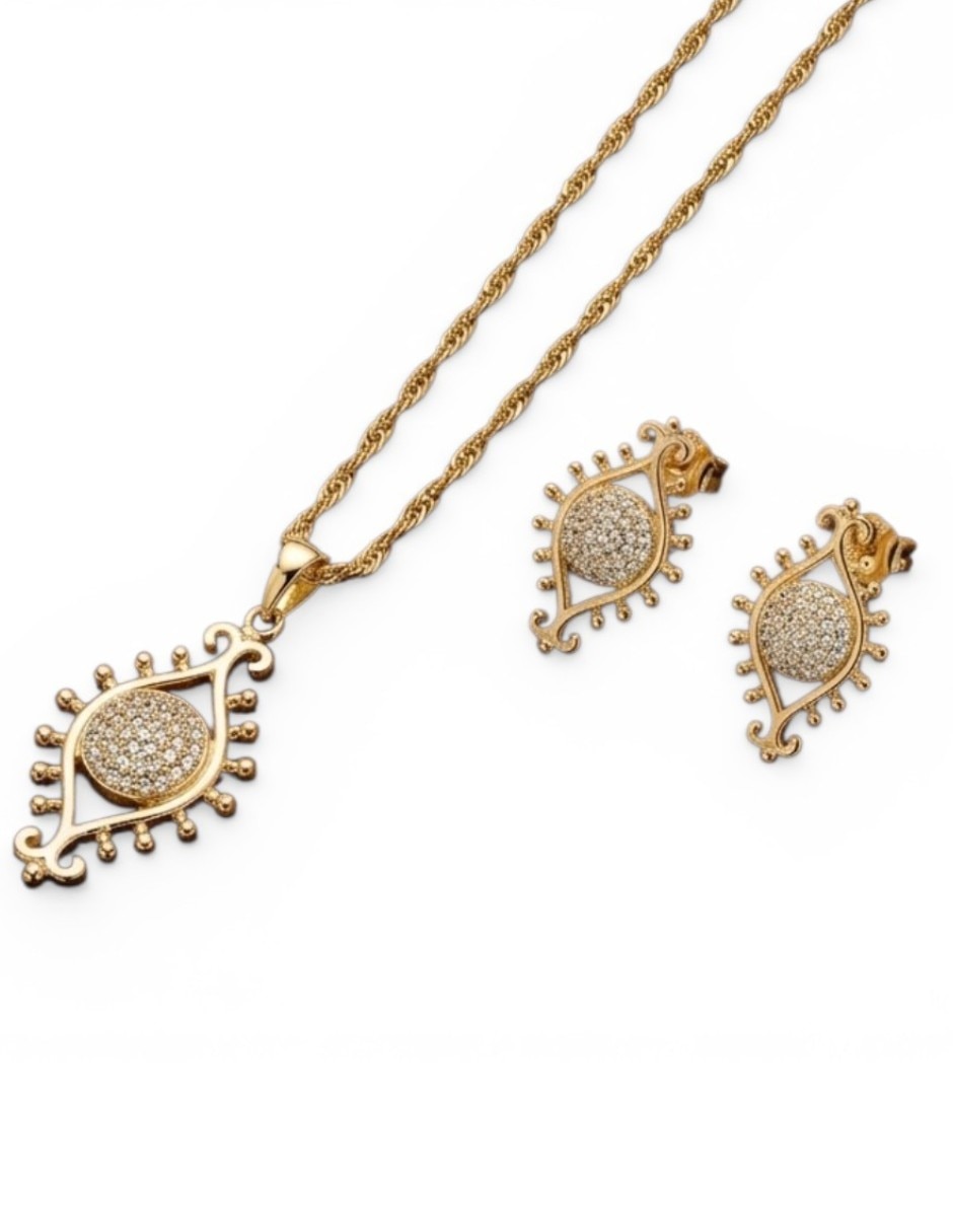 Aretes y collar de ojo CM-Top de oro laminado 14 K zirconia cúbica