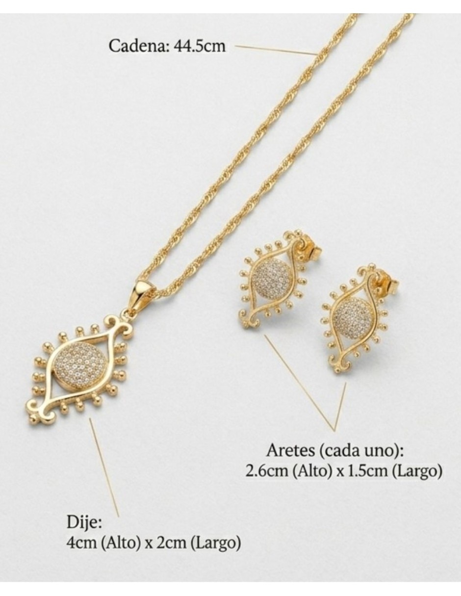 Aretes y collar de ojo CM-Top de oro laminado 14 K zirconia cúbica