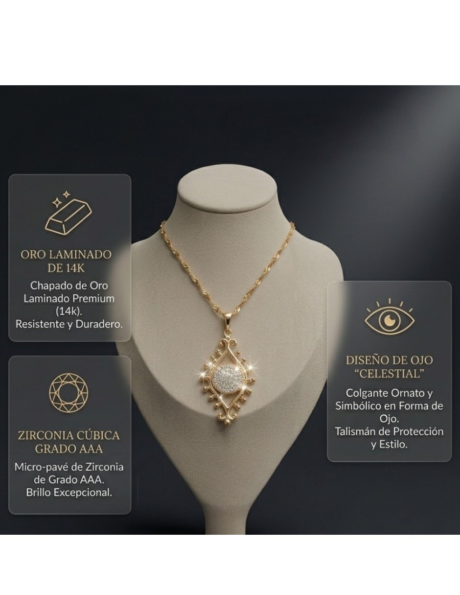 Aretes y collar de ojo CM-Top de oro laminado 14 K zirconia cúbica