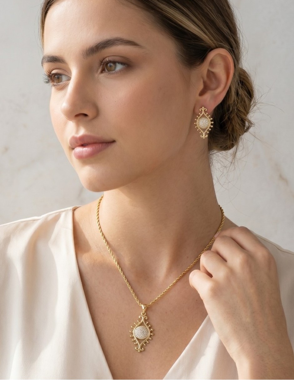 Aretes y collar de ojo CM-Top de oro laminado 14 K zirconia cúbica
