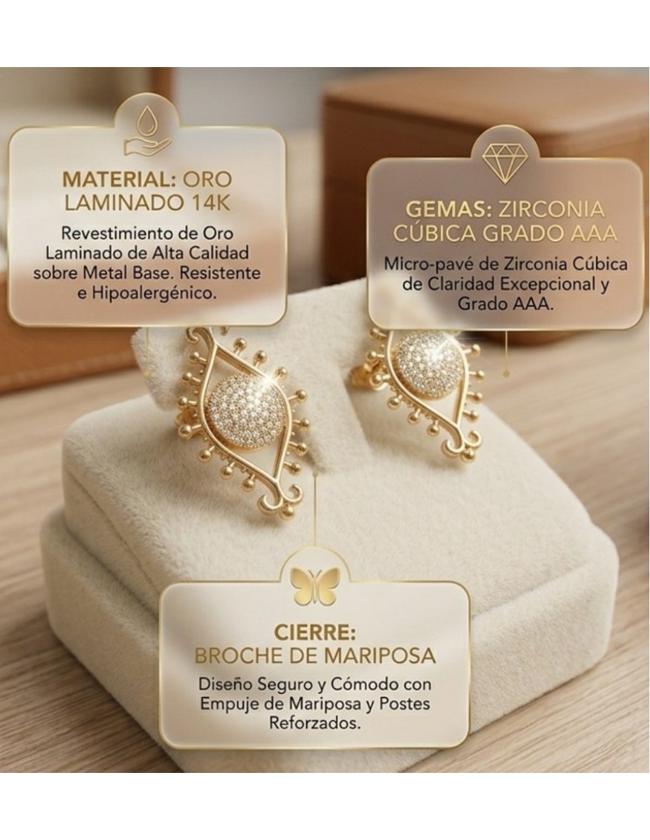 Aretes y collar de ojo CM-Top de oro laminado 14 K zirconia cúbica