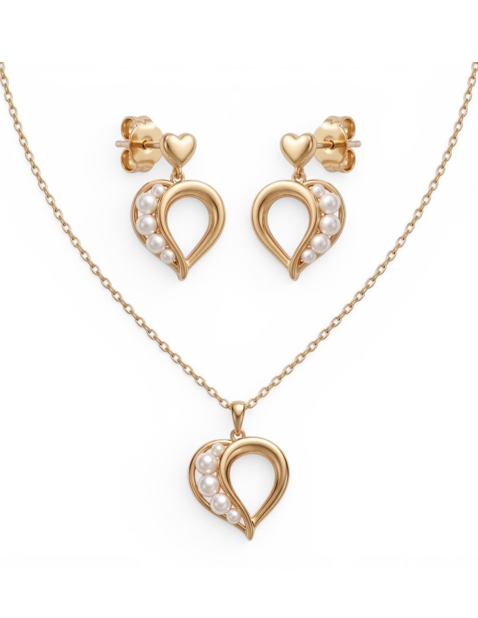 Aretes y collar de corazón de oro laminado 14 K perla Aretes y collar de corazón de oro laminado 14 K perla