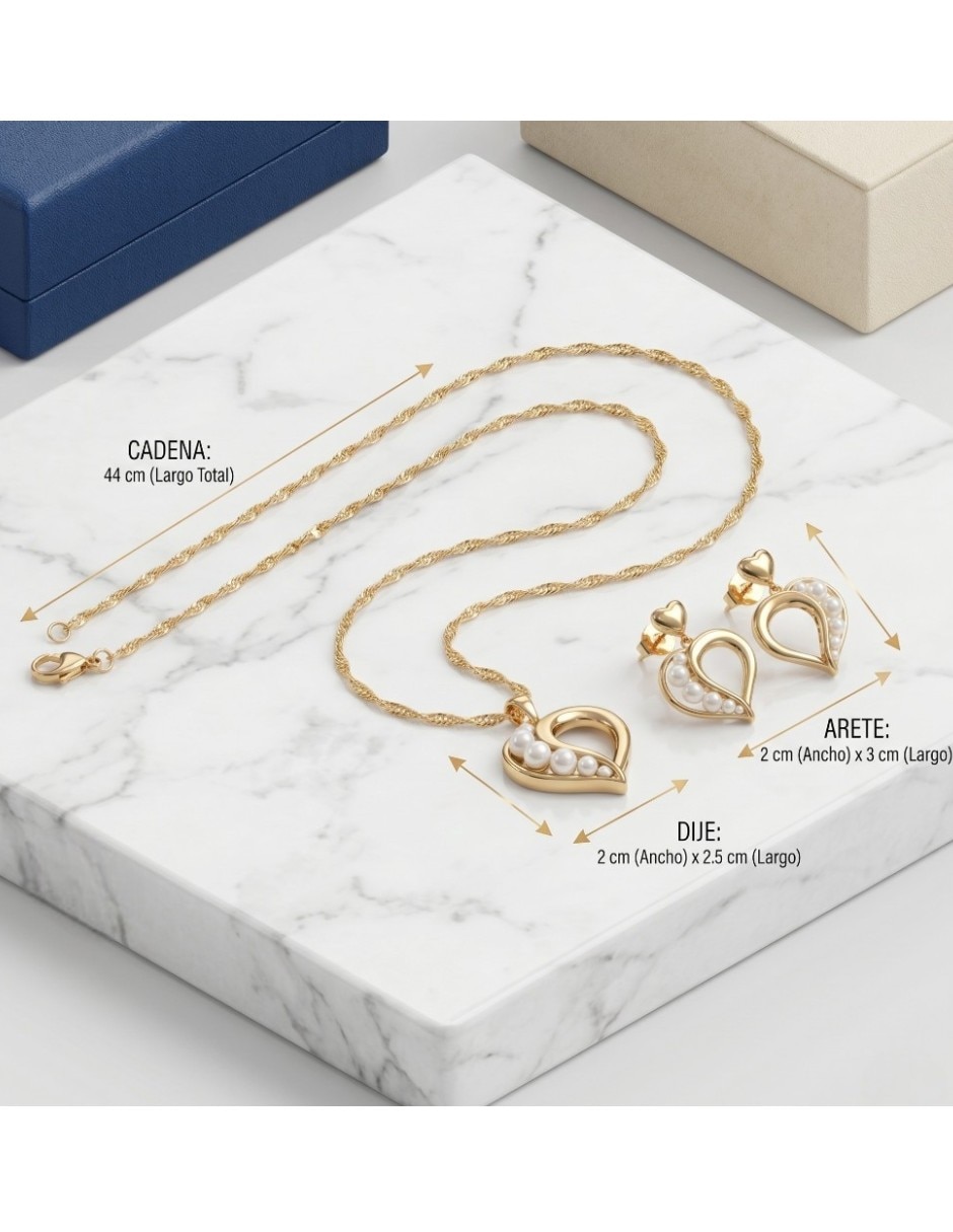 Aretes y collar de corazón CM-Top de oro laminado 14 K perla