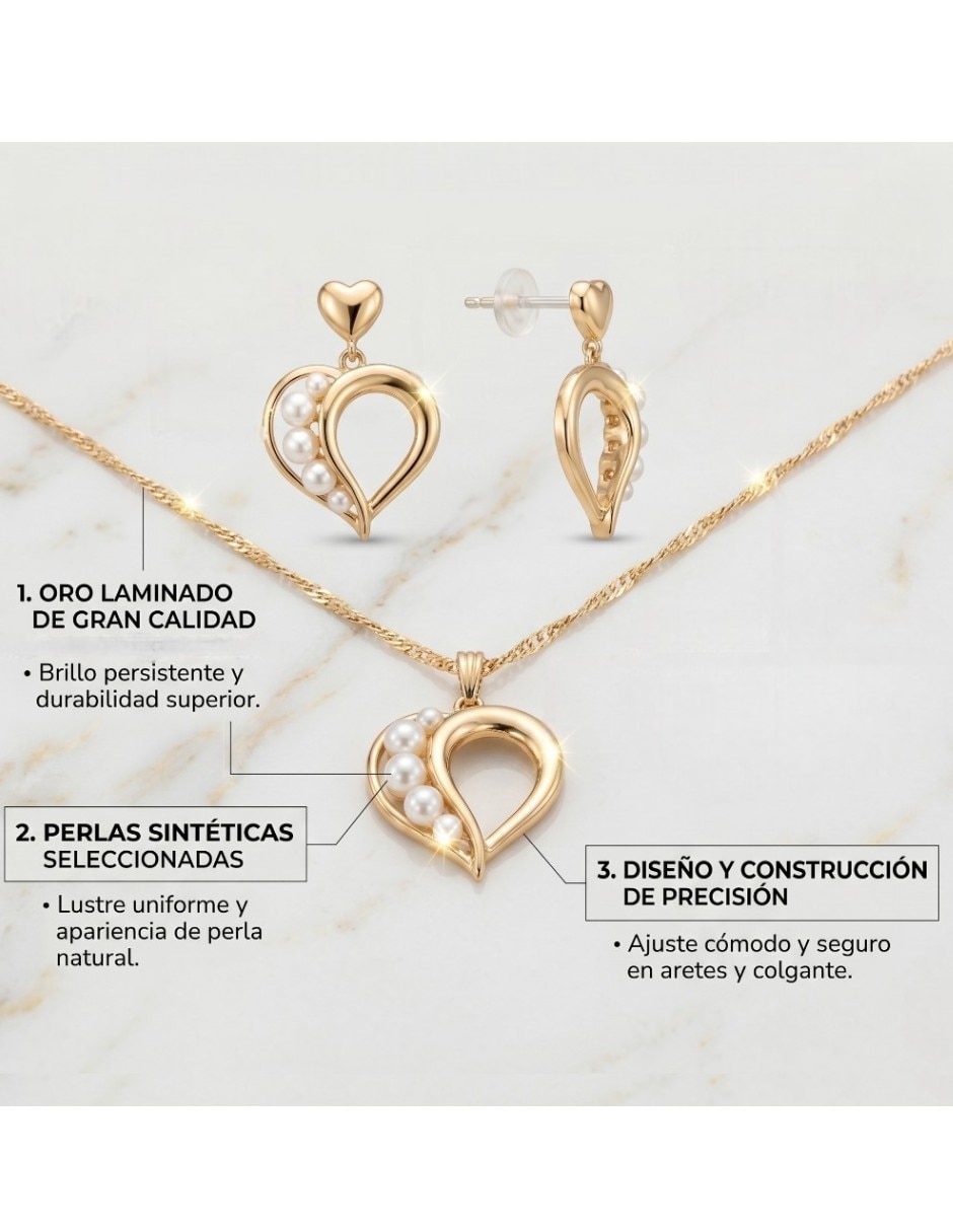 Aretes y collar de corazón CM-Top de oro laminado 14 K perla