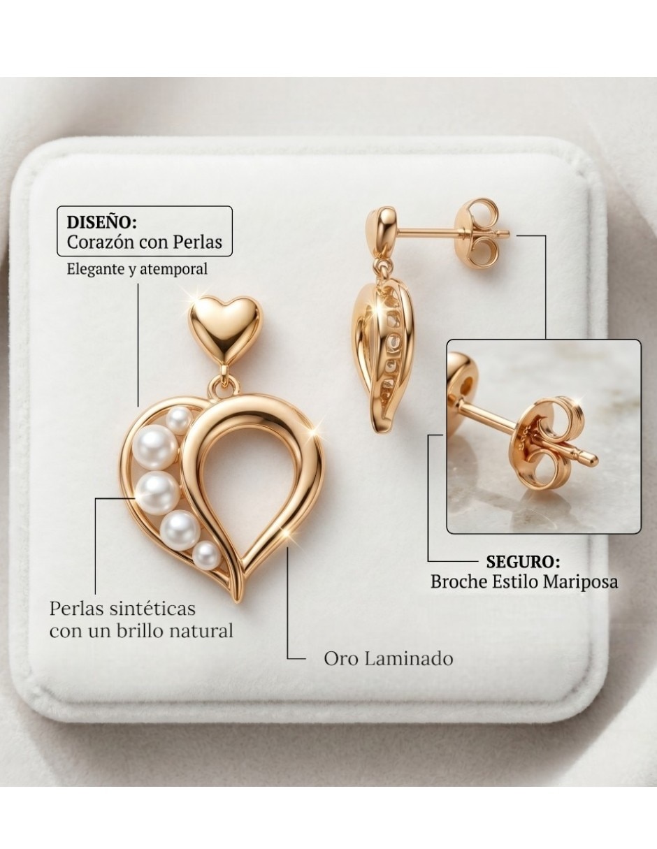 Aretes y collar de corazón CM-Top de oro laminado 14 K perla