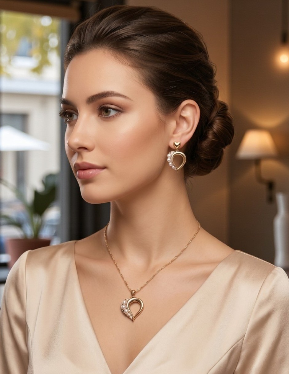 Aretes y collar de corazón CM-Top de oro laminado 14 K perla