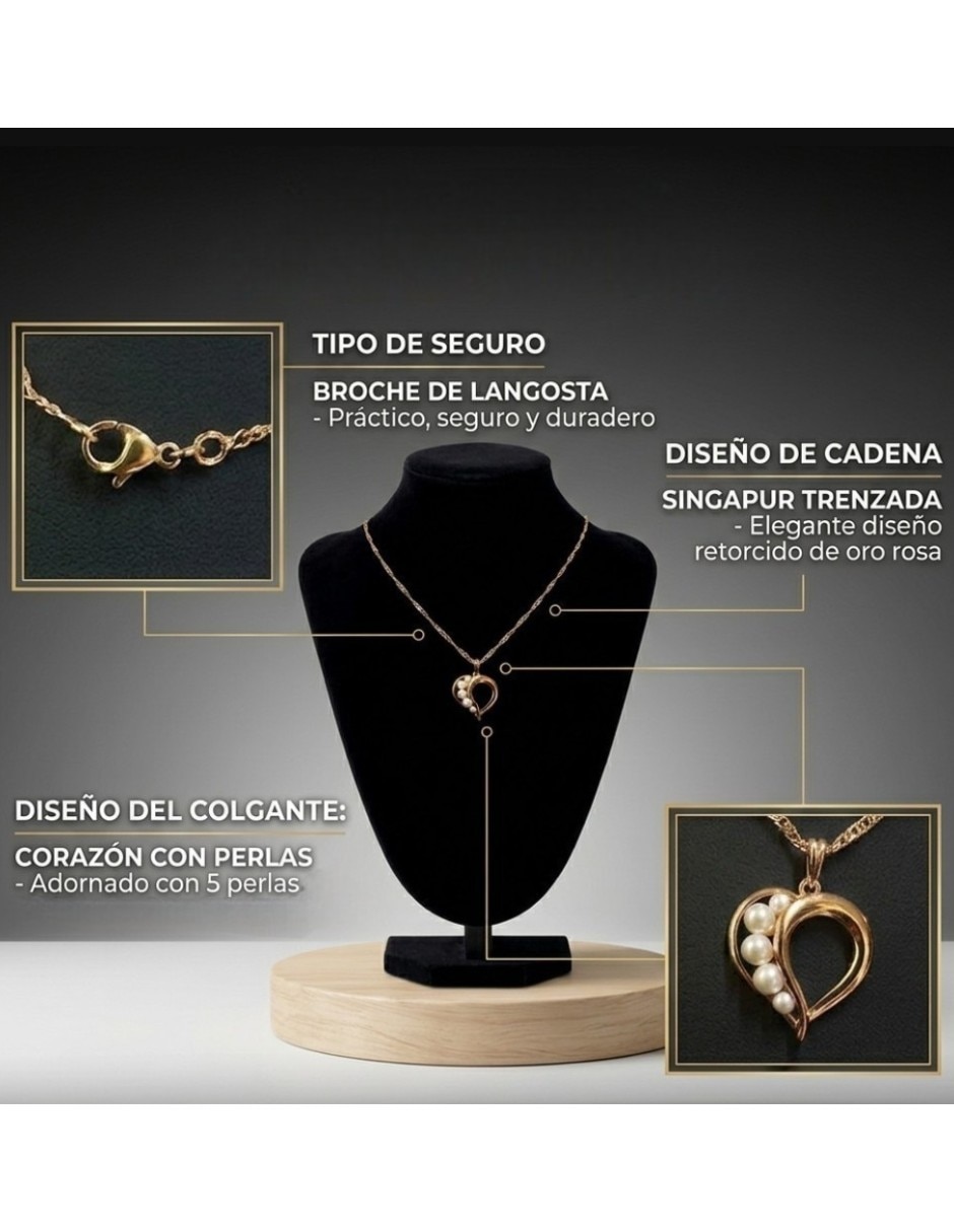 Aretes y collar de corazón CM-Top de oro laminado 14 K perla