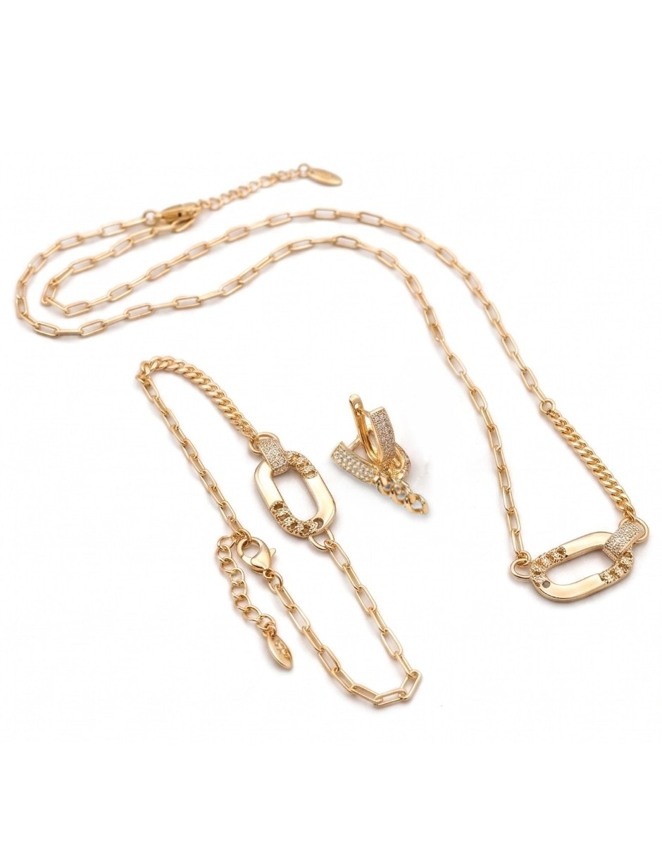 Aretes, collar y pulsera de eslabones de oro laminado 14 K zirconia cúbica Aretes, collar y pulsera de eslabones de oro laminado 14 K zirconia cúbica