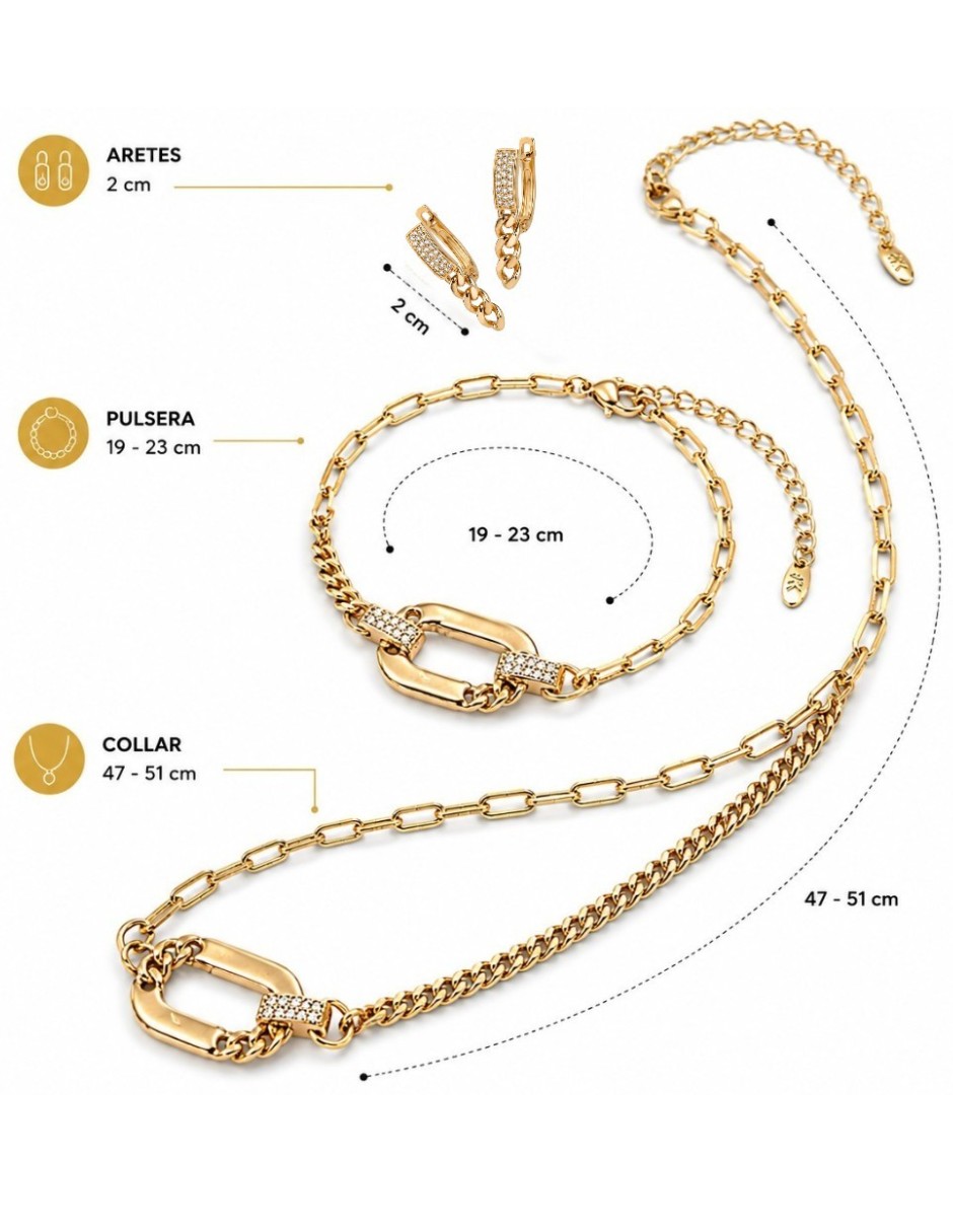 Aretes, collar y pulsera de eslabones CM-Top de oro laminado 14 K zirconia cúbica