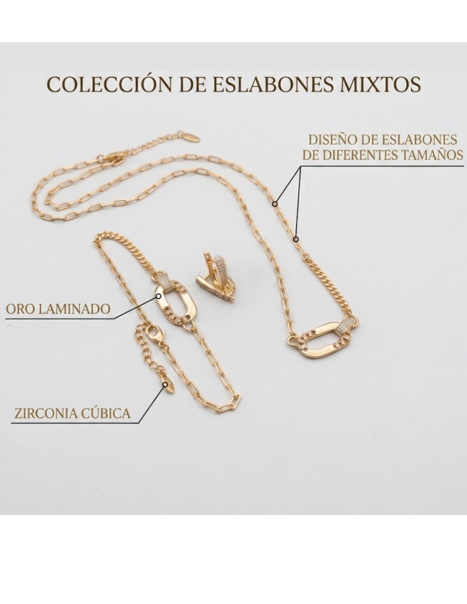 Aretes, collar y pulsera de eslabones CM-Top de oro laminado 14 K zirconia cúbica