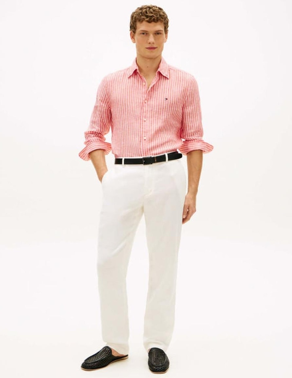 Camisa casual tommy hilfiger de lino manga larga para hombre