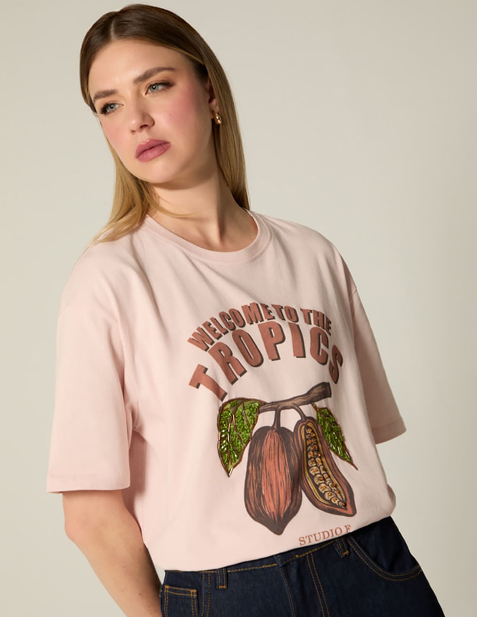 Playera manga corta studio f tropicalia cuello redondo para mujer