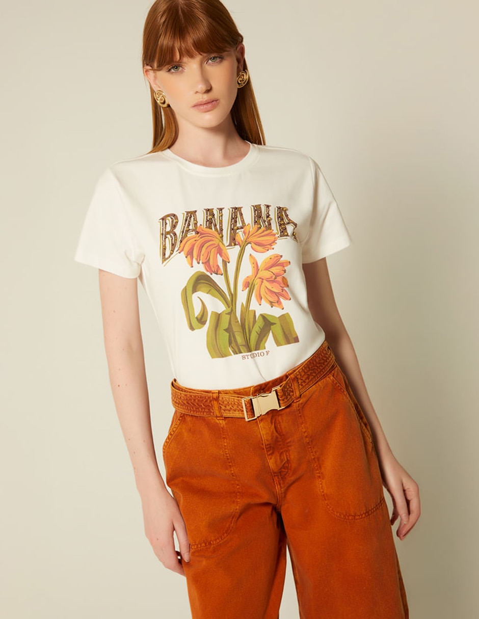 Playera manga corta studio f tropicalia banana cuello redondo para mujer