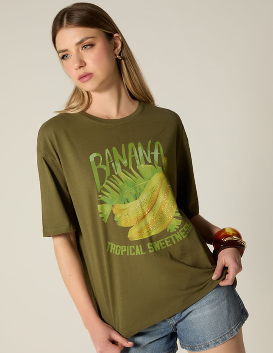 Playera manga corta studio f tropicalia banana cuello redondo para mujer