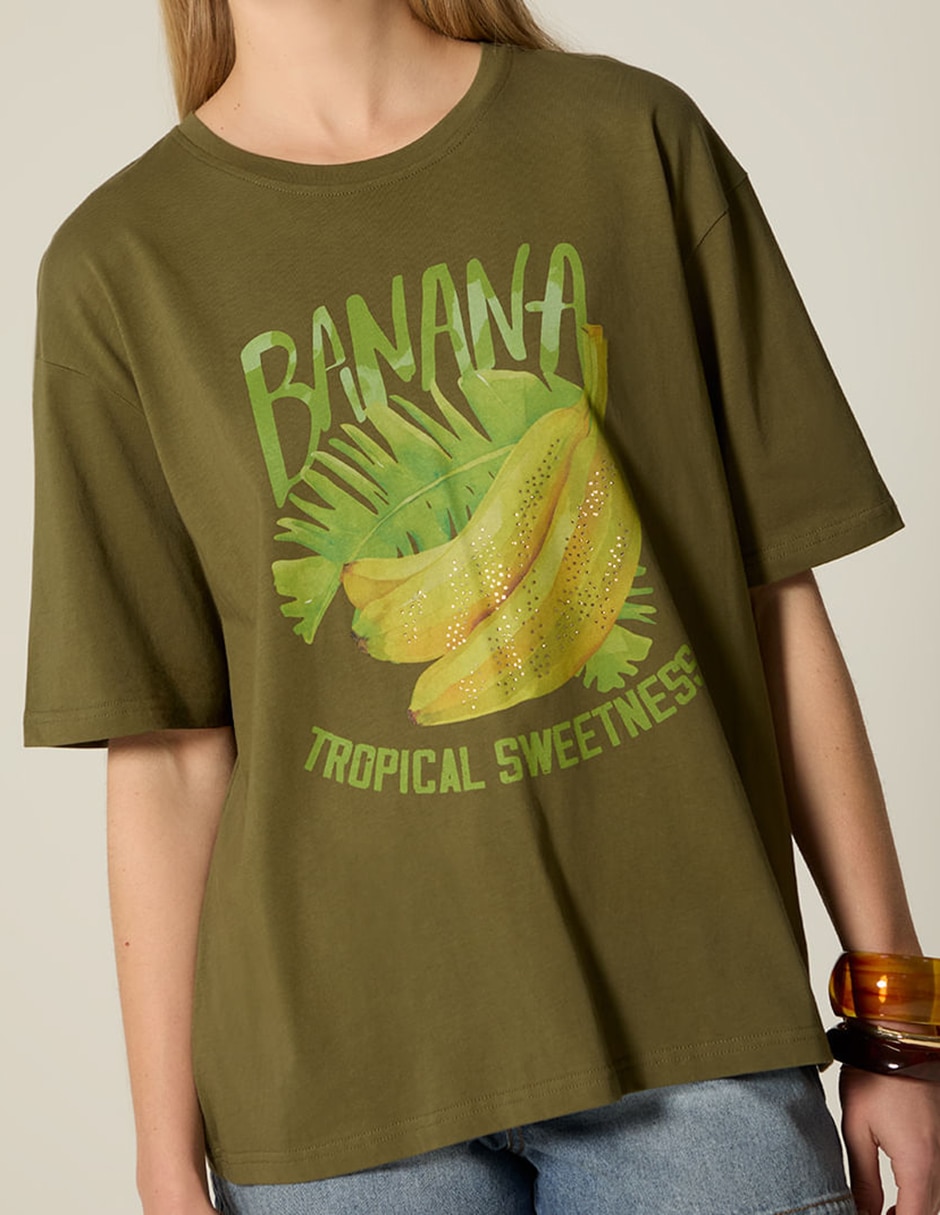 Playera manga corta studio f tropicalia banana cuello redondo para mujer