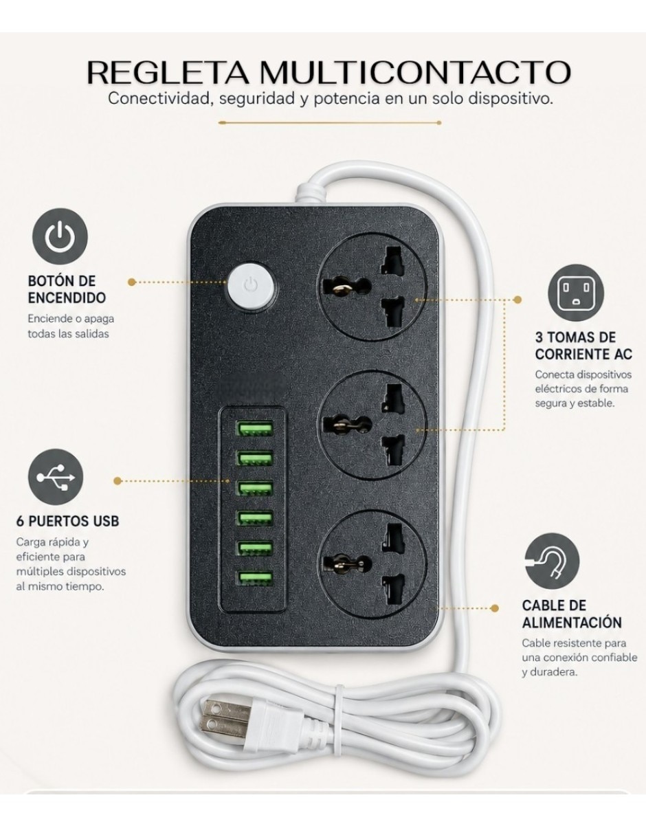 Multicontacto de 3 salidas y 6 puertos USB 3