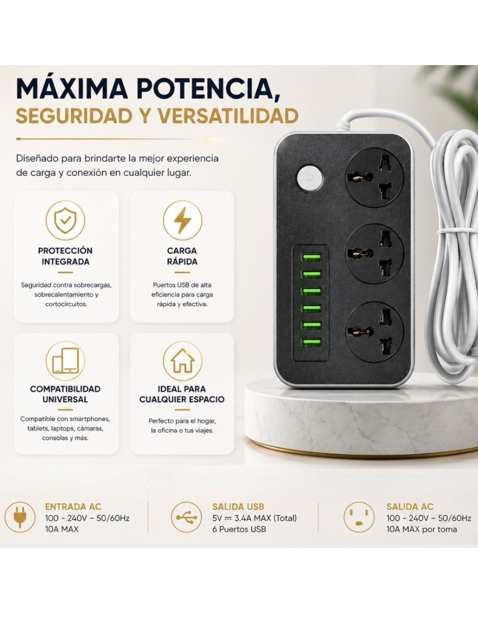 Multicontacto de 3 salidas y 6 puertos USB 4