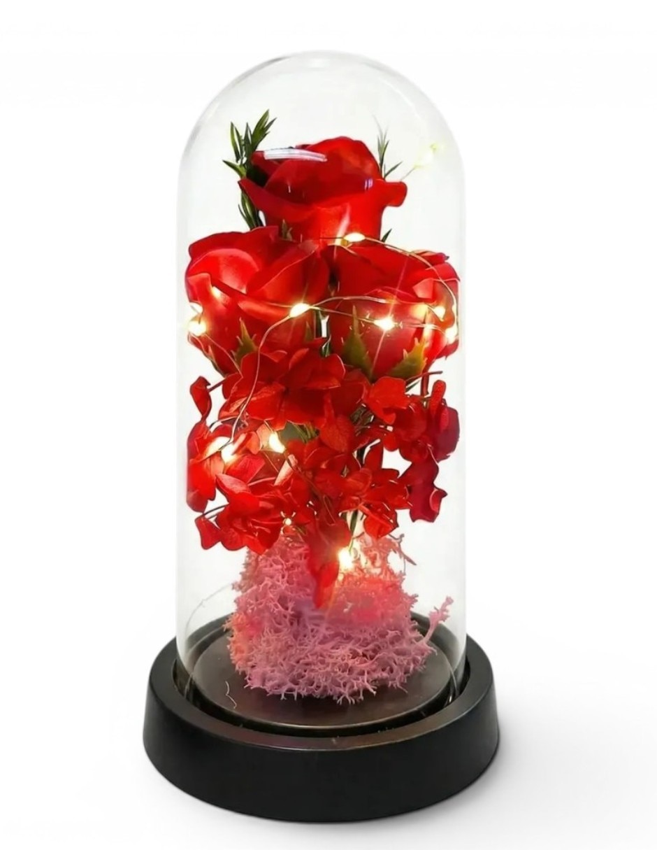 Figura decorativa cúpula de flores preservadas con luces LED Figura decorativa cúpula de flores preservadas con luces LED
