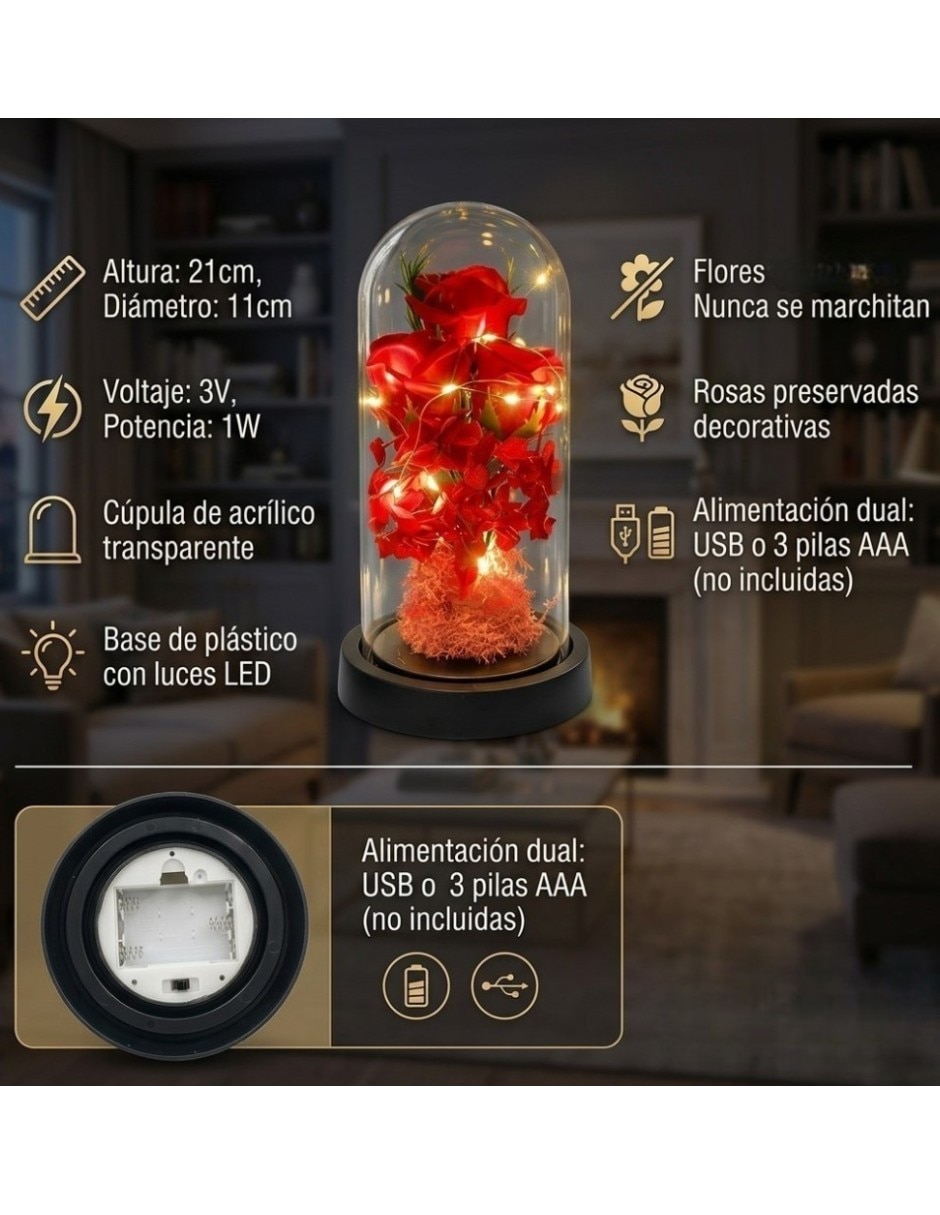 Figura decorativa cúpula de flores preservadas con luces LED 5