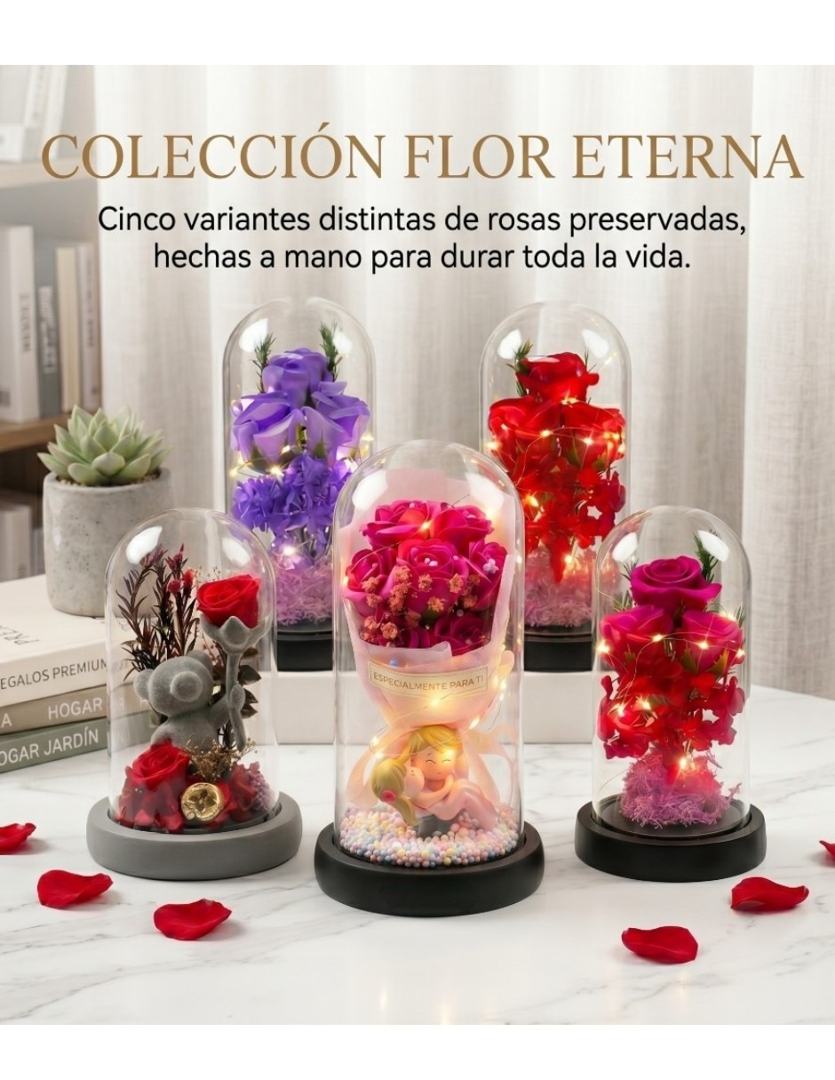 Figura decorativa cúpula de flores preservadas con luces LED 2