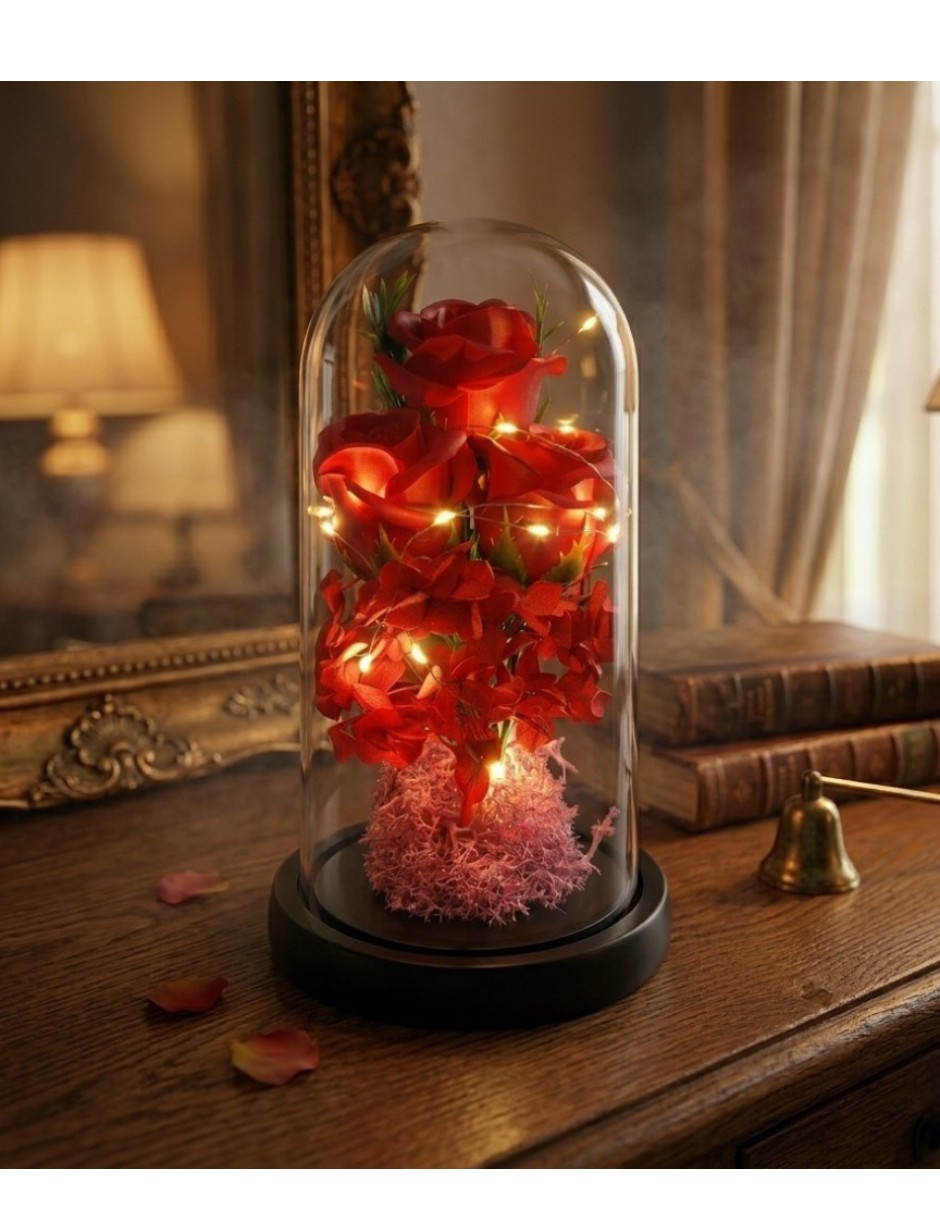 Figura decorativa cúpula de flores preservadas con luces LED 6